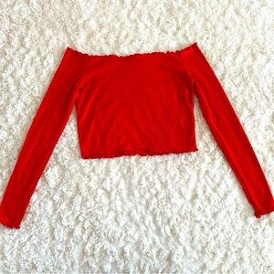 Boohoo Red Ribbed Off Shoulder Long Sleeve Crop Knit Top Shirt Tee Ruffle M